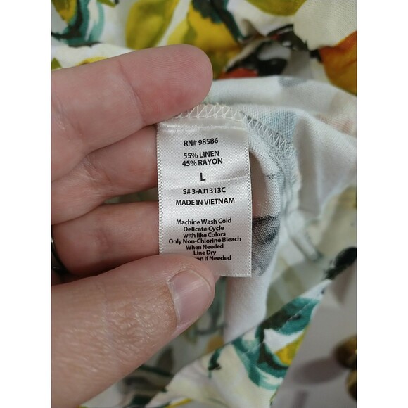 Ava James Woman L Shirt V Button Fruit Linen Blend Tie Front SS cropped - Picture 5 of 6